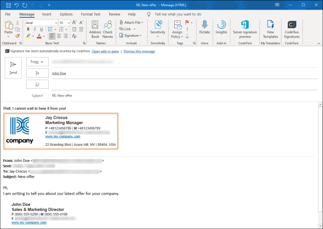 By default, signatures are added to the email body as you type a message in Outlook.