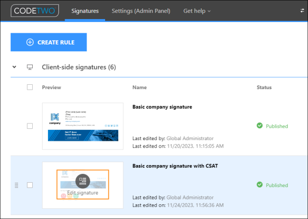 Opening an existing email signature design for editing.