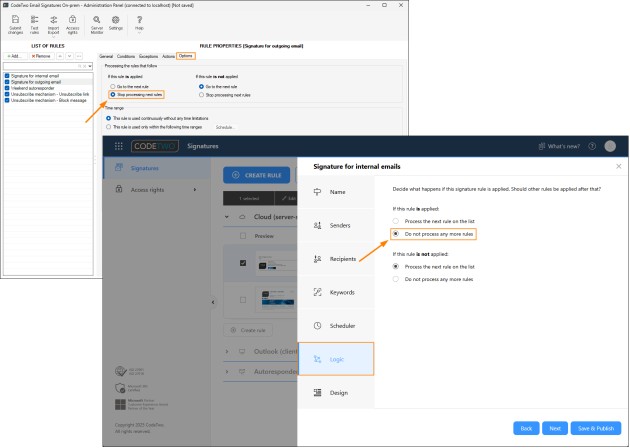 The option that prevents next rules from processing in CodeTwo Email Signatures On-prem (top window) and CodeTwo Email Signatures 365 (bottom window).
