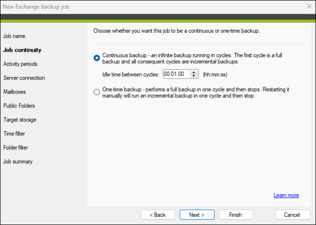 Selecting the default Continuous backup model.