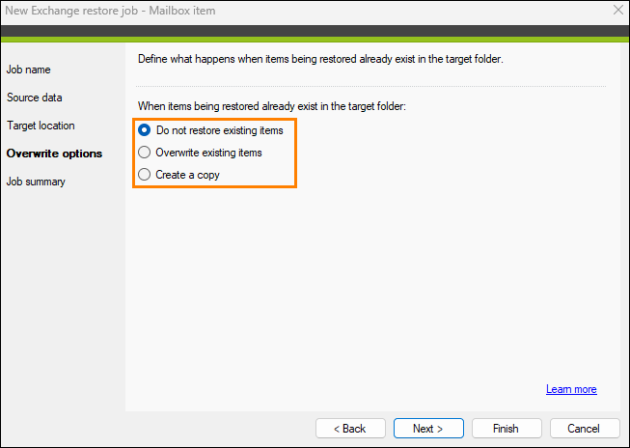 Defining the items' restore options.