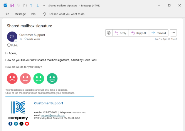 An email sent as a shared mailbox with cloud signature added by CodeTwo.