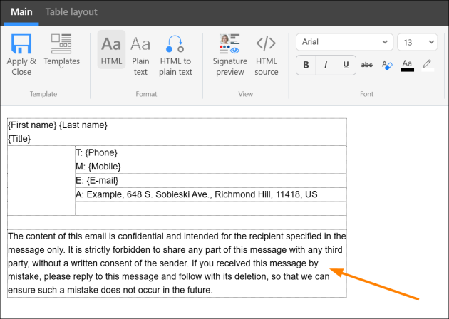 Filling in the signature template with static text.