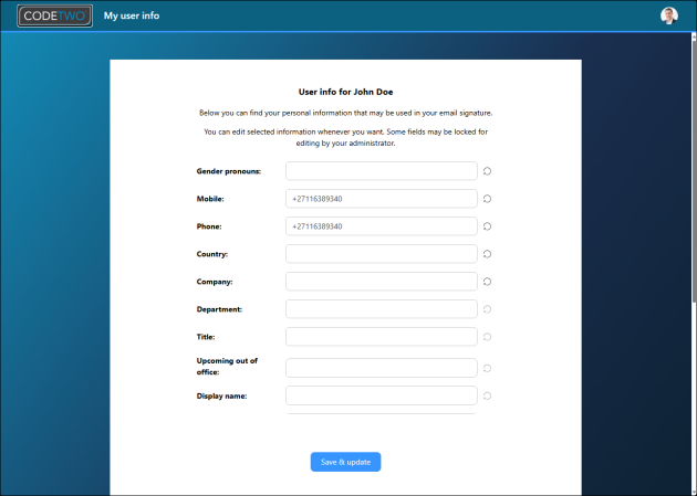 My user info app lets end users manage their personal information shown in email signatures.