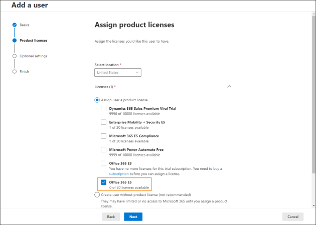 Assigning product license to the new user.