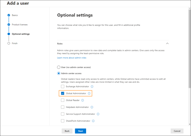 Assigning an admin role to a user.