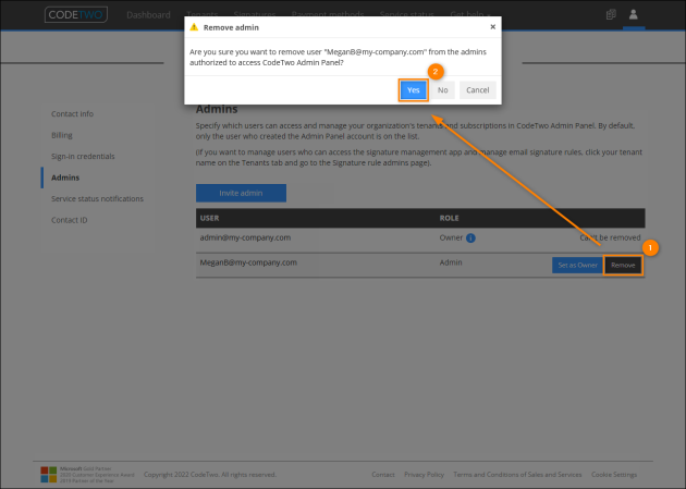 Removing a user from the CodeTwo Admin Panel account admins.