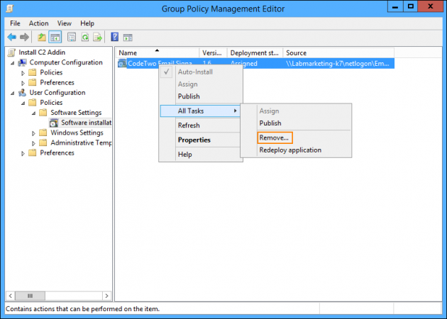 Removing the add-in’s software package in GPO.