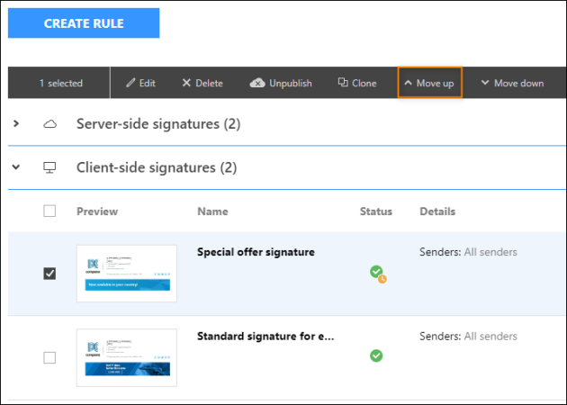 Using the Move up button to place a rule on top of the Outlook (client-side) signatures list.