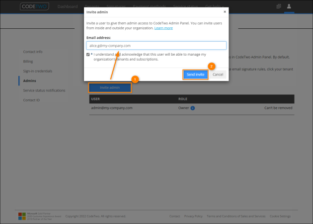 Inviting a user to become an admin in the CodeTwo Admin Panel.