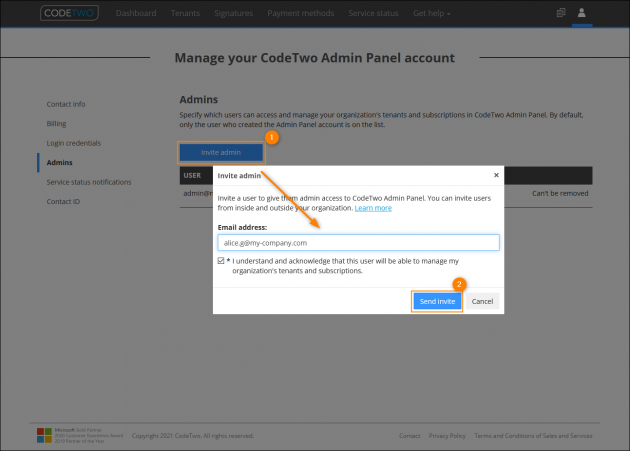 Inviting a user to become an admin in the CodeTwo Admin Panel. 