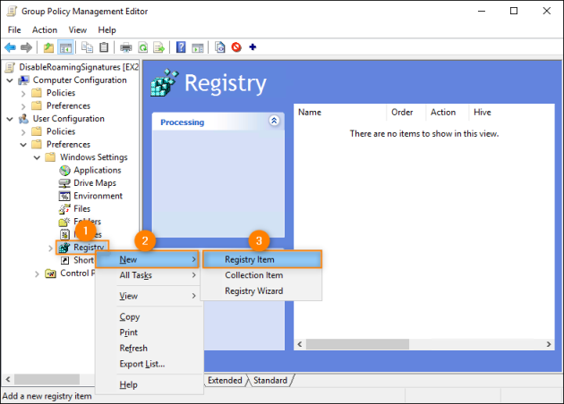 Creating a new registry item in the Group Policy Management Editor.