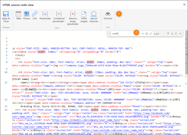 You can quickly find all occurrences of the width property by using the Find text option.