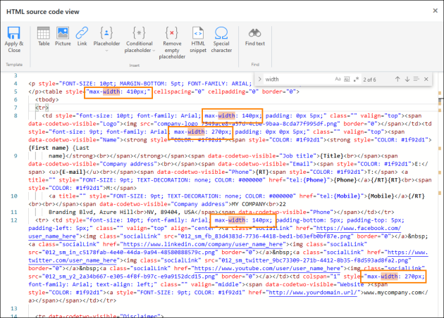 The source code view of a signature after replacing the width property with max-width.