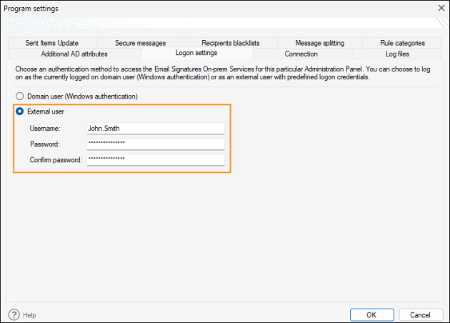 Defining an external user's credentials.