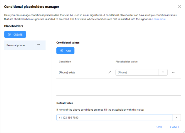 This conditional placeholder inserts a generic phone number if sender's phone number is not listed in Entra ID.