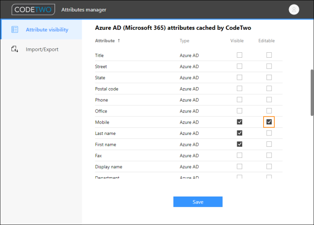 Checkbox that makes the Mobile attribute editable.