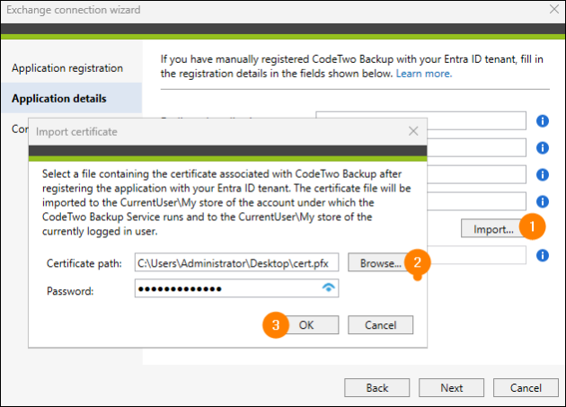 Importing the certificate associated with CodeTwo Backup.