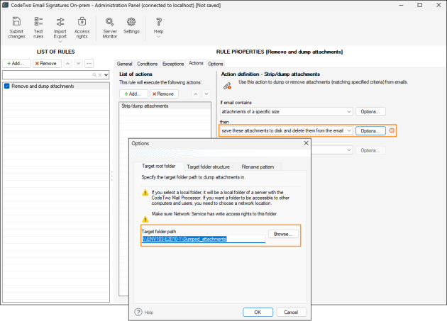 Choosing the folder path where the removed attachments will be stored.