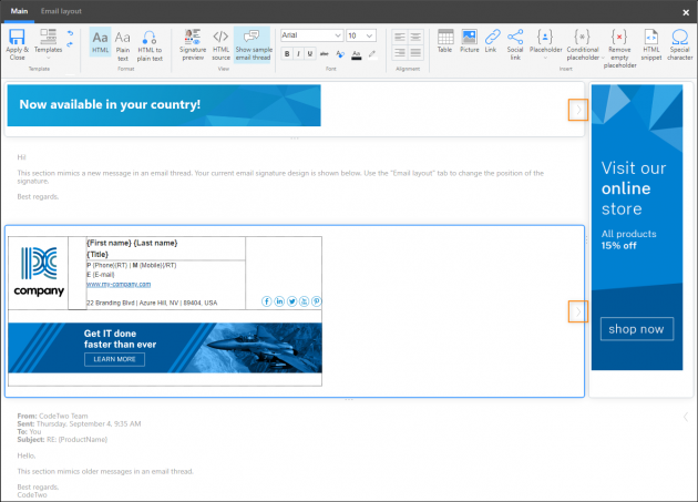 Use the arrow buttons to change the width of email sections.