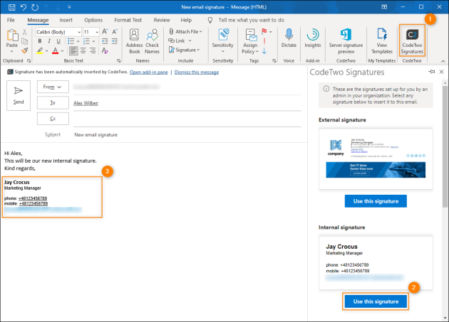 Changing an Outlook (client-side) email signature in Outlook.