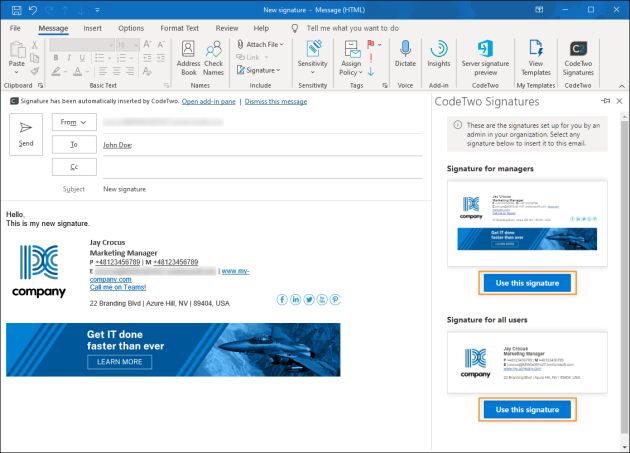 Outlook (client-side) signatures can be viewed in and inserted from the CodeTwo Signatures pane.