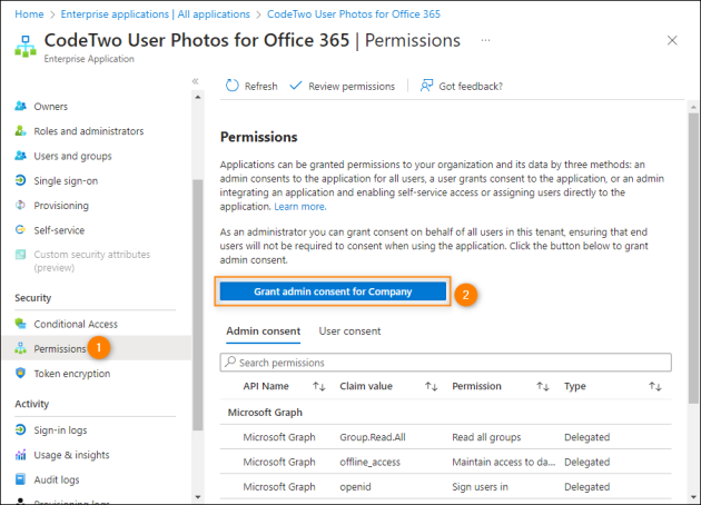 Granting admin consent for the application on behalf of all users in the Microsoft Entra admin center.