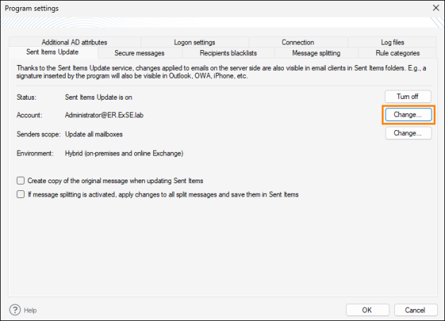 Reconfiguring the Sent Items Update service.