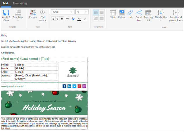 A festive auto-reply to be sent during the Holiday Season only.