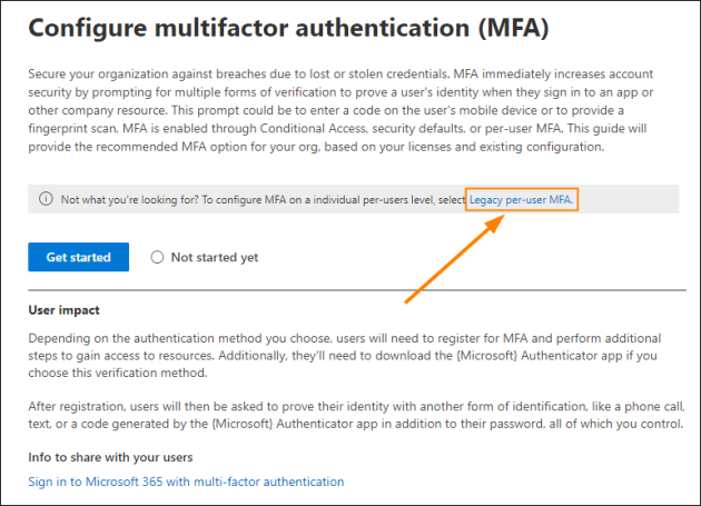 Accessing the legacy MFA settings from the MFA configuration wizard.