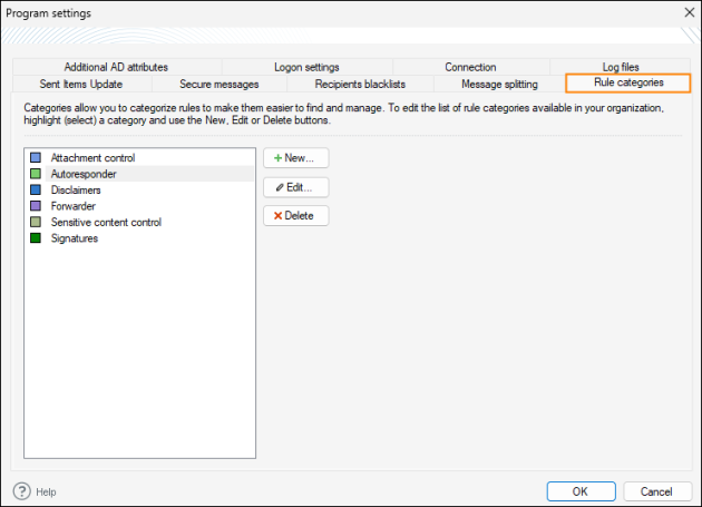 Managing rule categories.
