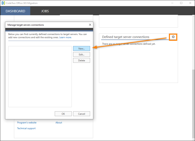 Opening the target server connection wizard.