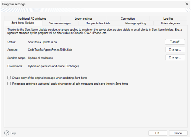 The Sent Items Update options.