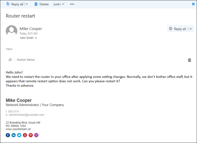 Mike's full signature added only once – to hist first email to John.