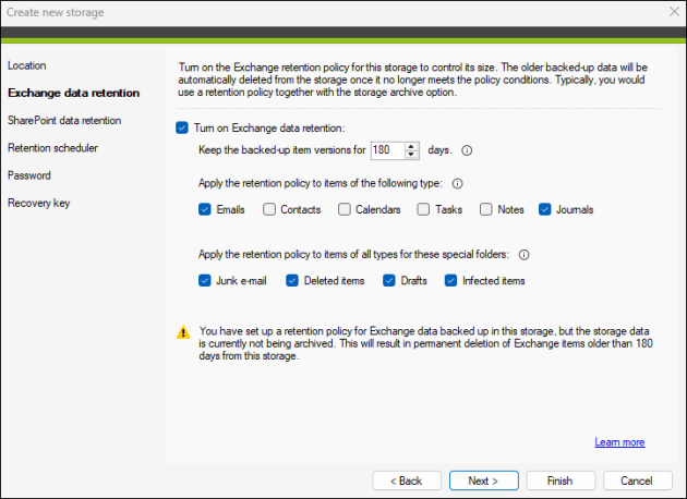 Configuring a storage retention policy for Exchange Online data.
