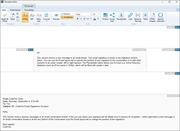 Full message composition in the template editor.