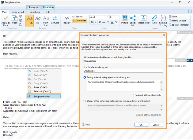 Modifying the configuration of the unsubscribe link.