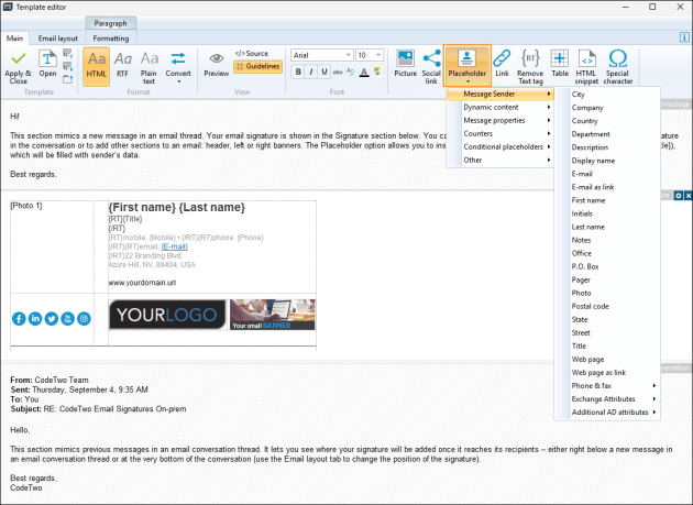 Accessing AD attribute placeholders in the template editor.