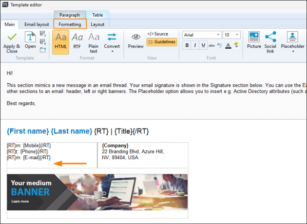 Visible Formatting tab and an extra break in the table cell after adding the <p> and </p> tags.