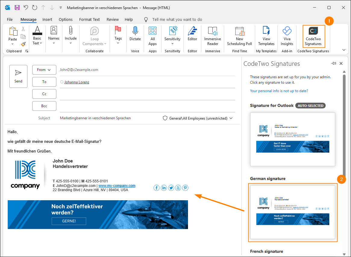 In Outlook (client-side) mode, users can access signatures in different languages directly in the CodeTwo Signatures pane.