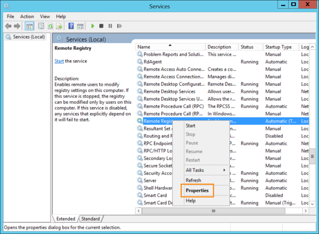 Accessing Remote Registry service properties.