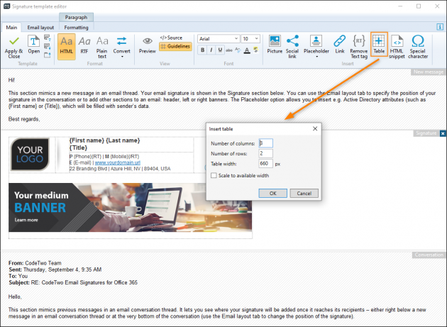 How to insert a table into an email signature.