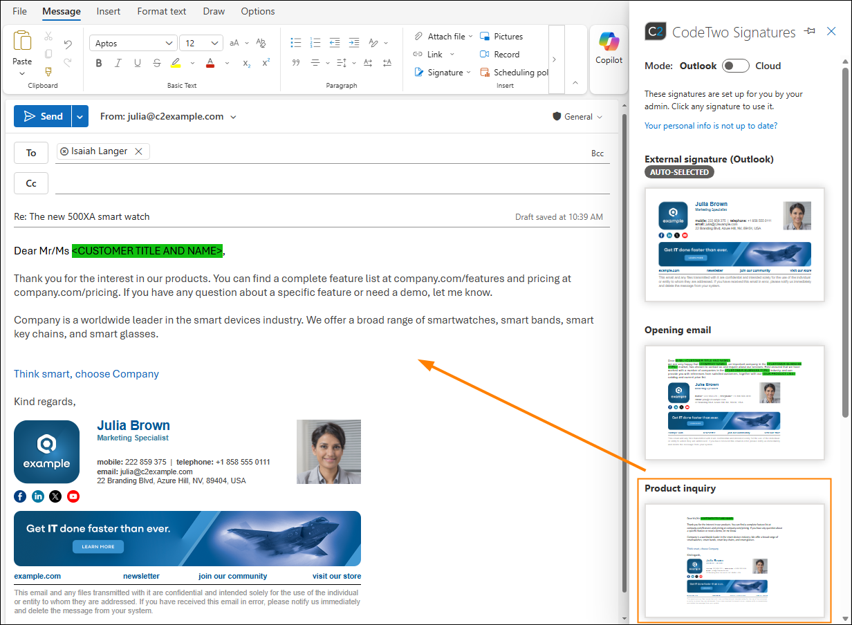 The Marketing version of the first paragraph is automatically inserted when a user selects the signature.