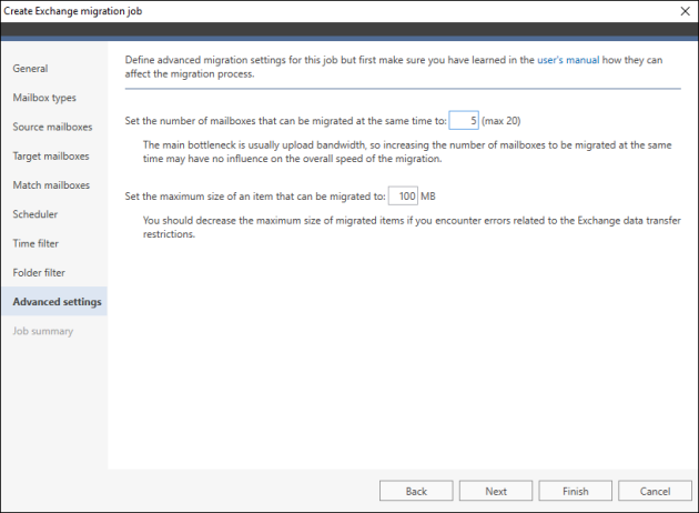Advanced settings in the migration job wizard.