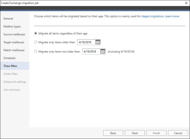 Options available in the Time filter step of the migration job wizard.