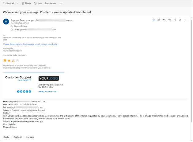 The auto-reply from your team with the predefined message and the modified subject.