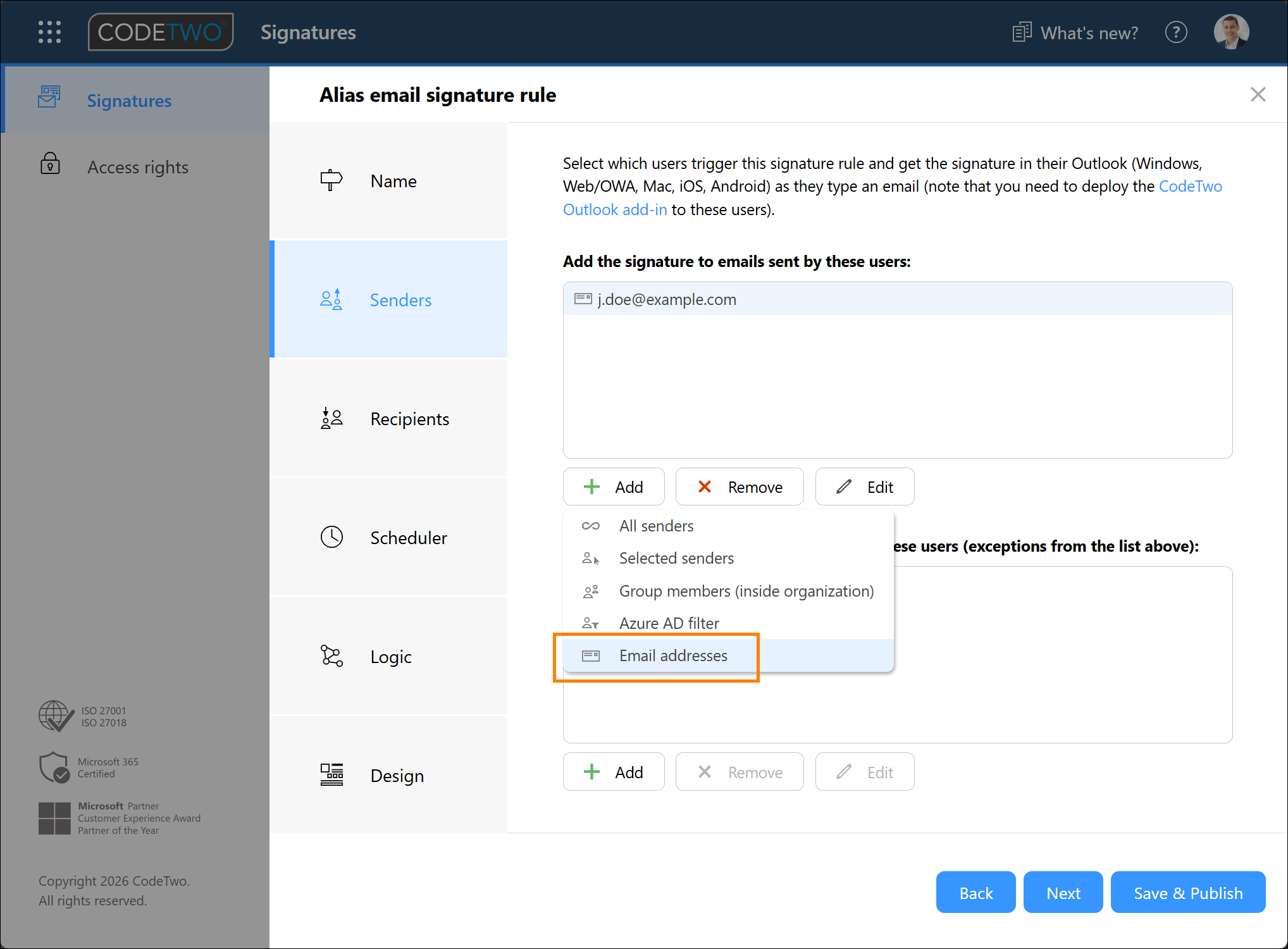 Selecting the Email addresses option lets you set up a dedicated signature for an alias address.