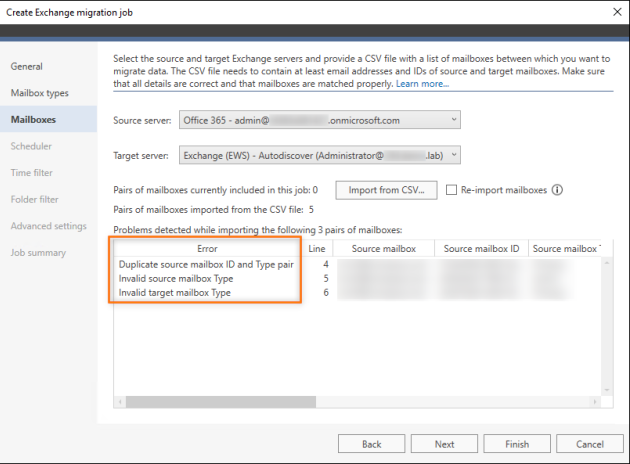 Errors related to wrong information about mailbox type.