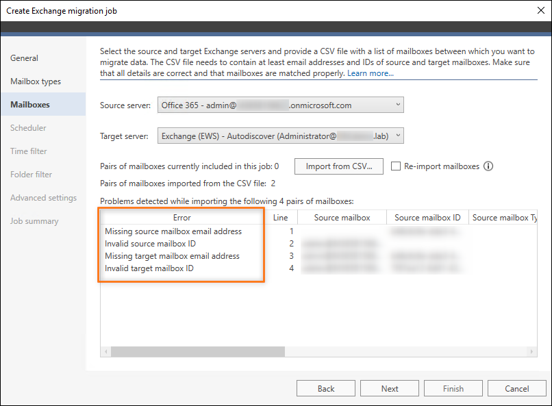 Errors that might occur when mandatory mailbox information is missing.
