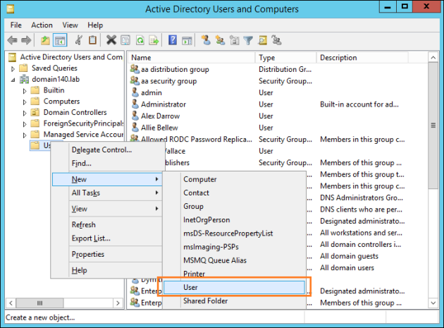 Creating a new user in Active Directory.